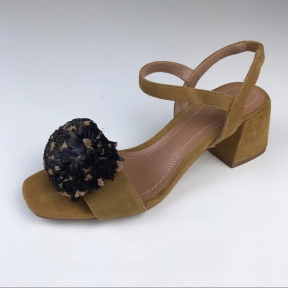Zara Tan Suede Raffia Pom Pom Strappy Sandals 38 - Picture 2 of 13